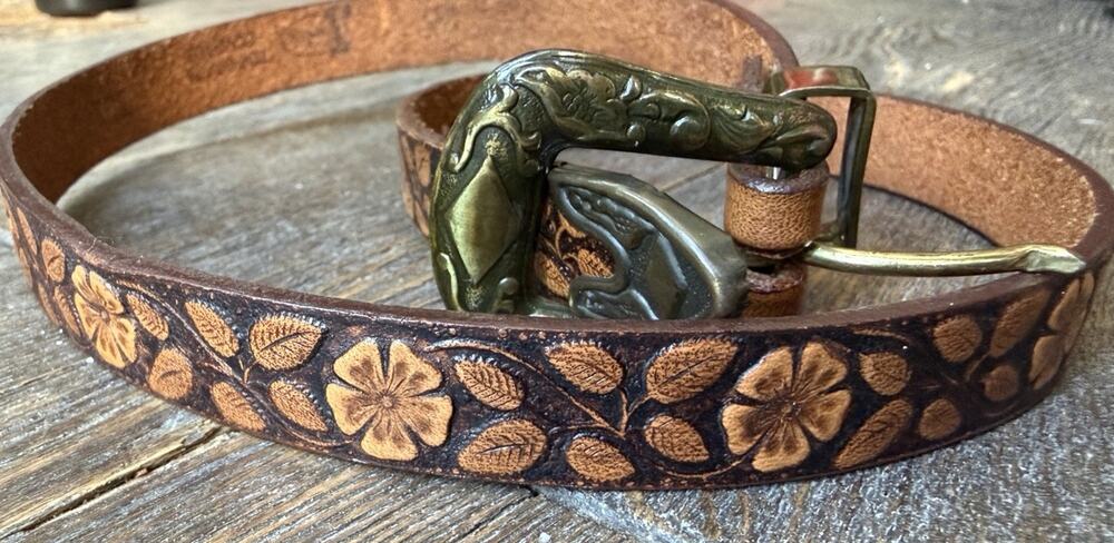 Justin Western Belt Size 34 Brown Floral Tooled Leather Brass Buckle Cowboy USA